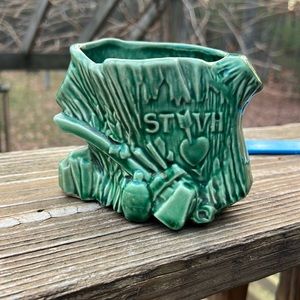 Mccoy Green Glazed Ceramic Tree Stump Planter with Carved Heart